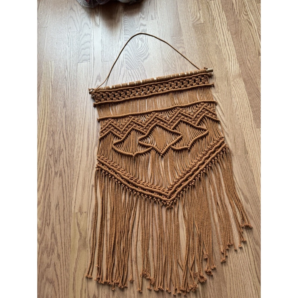 Large Boho Macrame Wall Hanging - Caramel Brown Woven Fiber Art - 32" X 20"